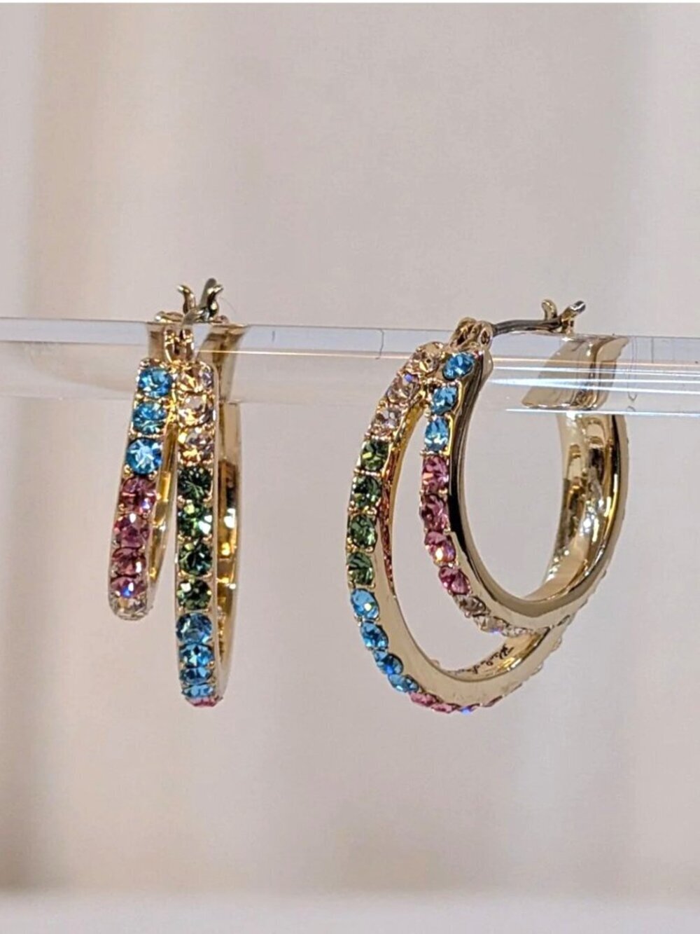 Karl Lagerfeld Gold Hoop Earrings With Multicolor Rainbow Stones